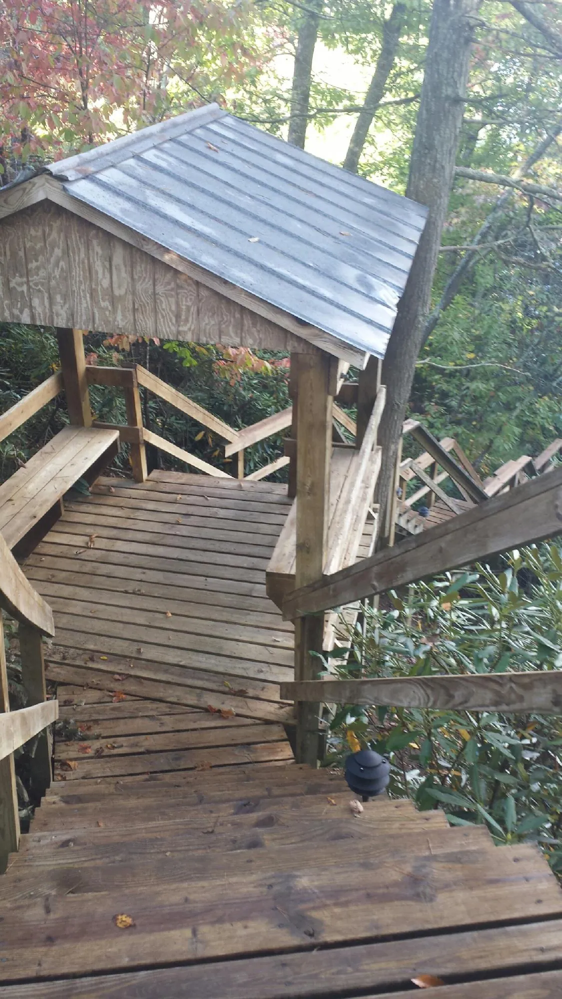 Metal roofed shelter over wooden steps on a wooded walkway — Skylight Repair & Installation work by our crew in Saint Catharine
