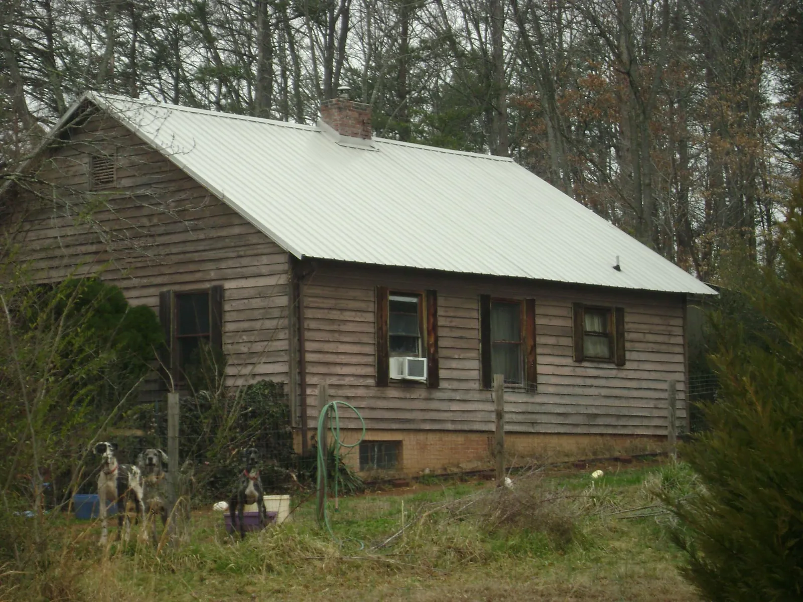 White metal roof on an old wood sided farmhouse, from a Metal Roof Installation job in Saint Catharine